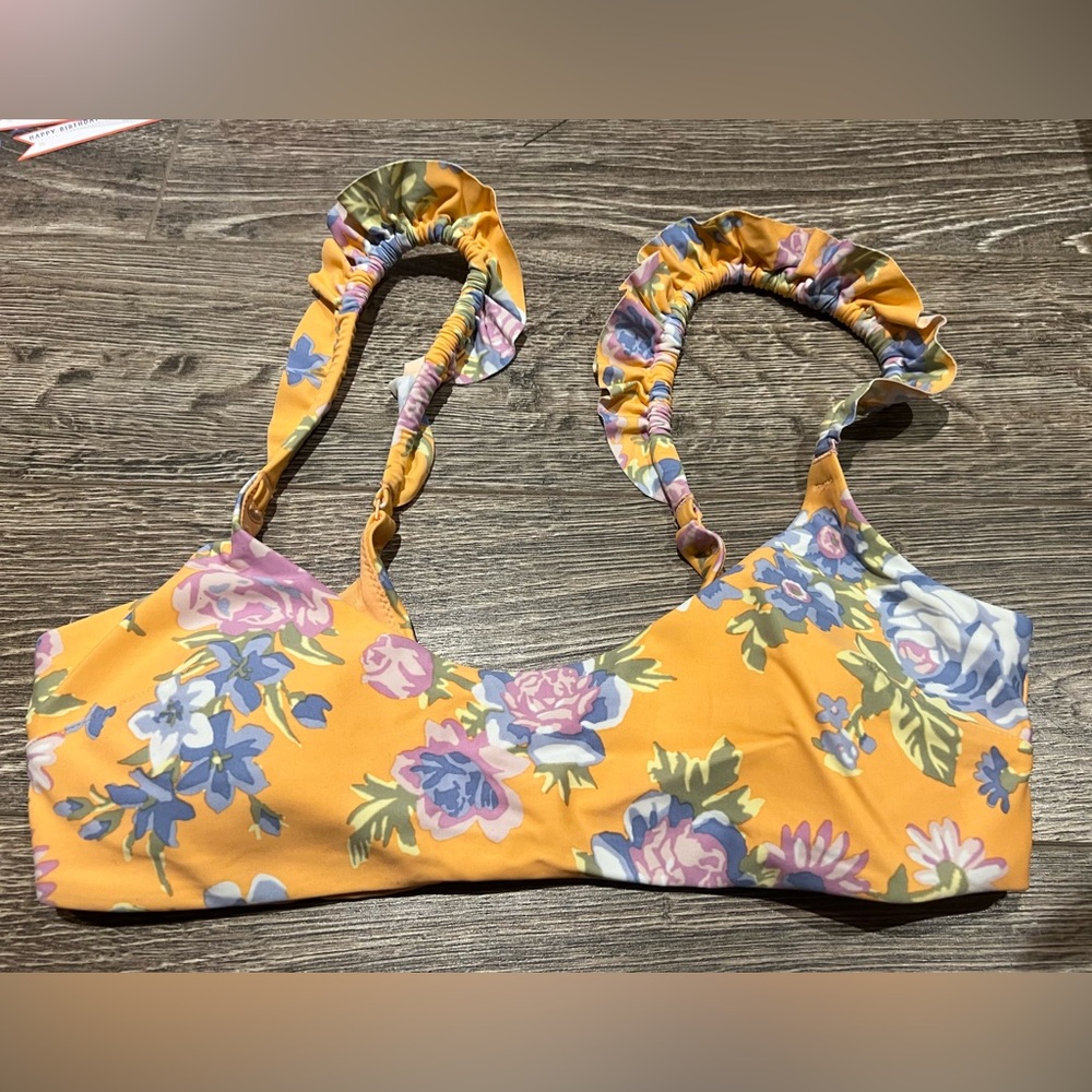 aerie Yellow/Orange Floral Ruffle Strap Bikini Top